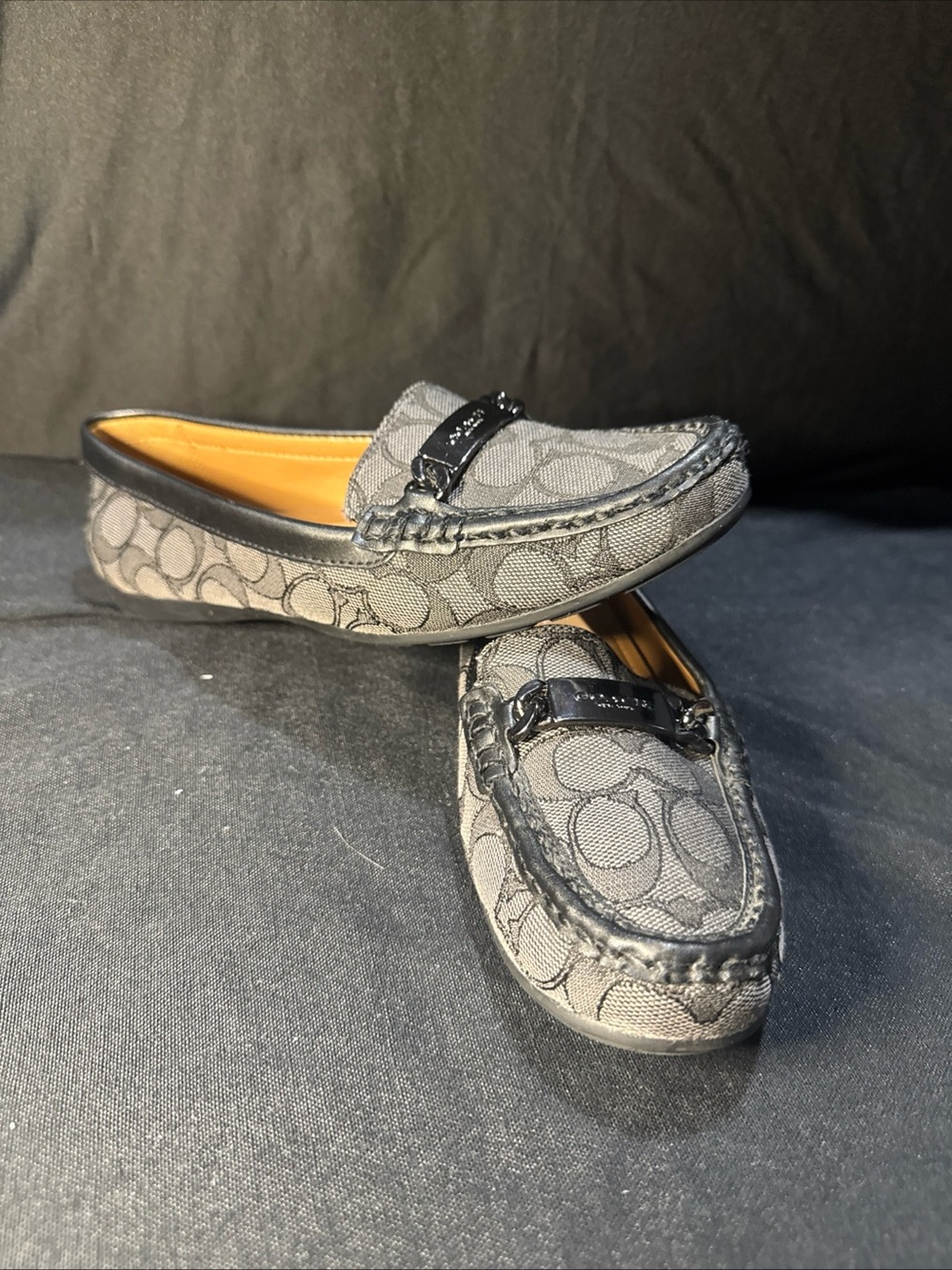 Coach Saive Signature Jacquard Loafers Womens 8 Black Gray Logo Driving Shoes